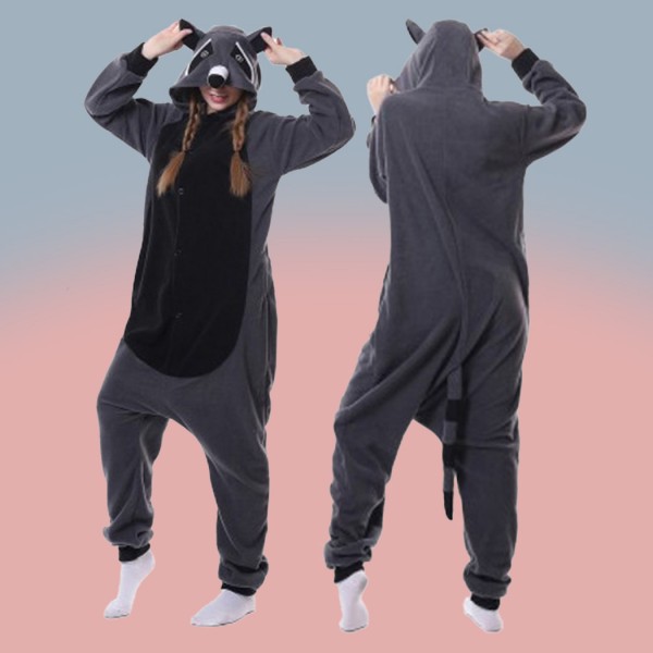 Cartoon Animal Set Pajamas Fleece Couple Kigurumi Dark Gray Raccoon Onesie